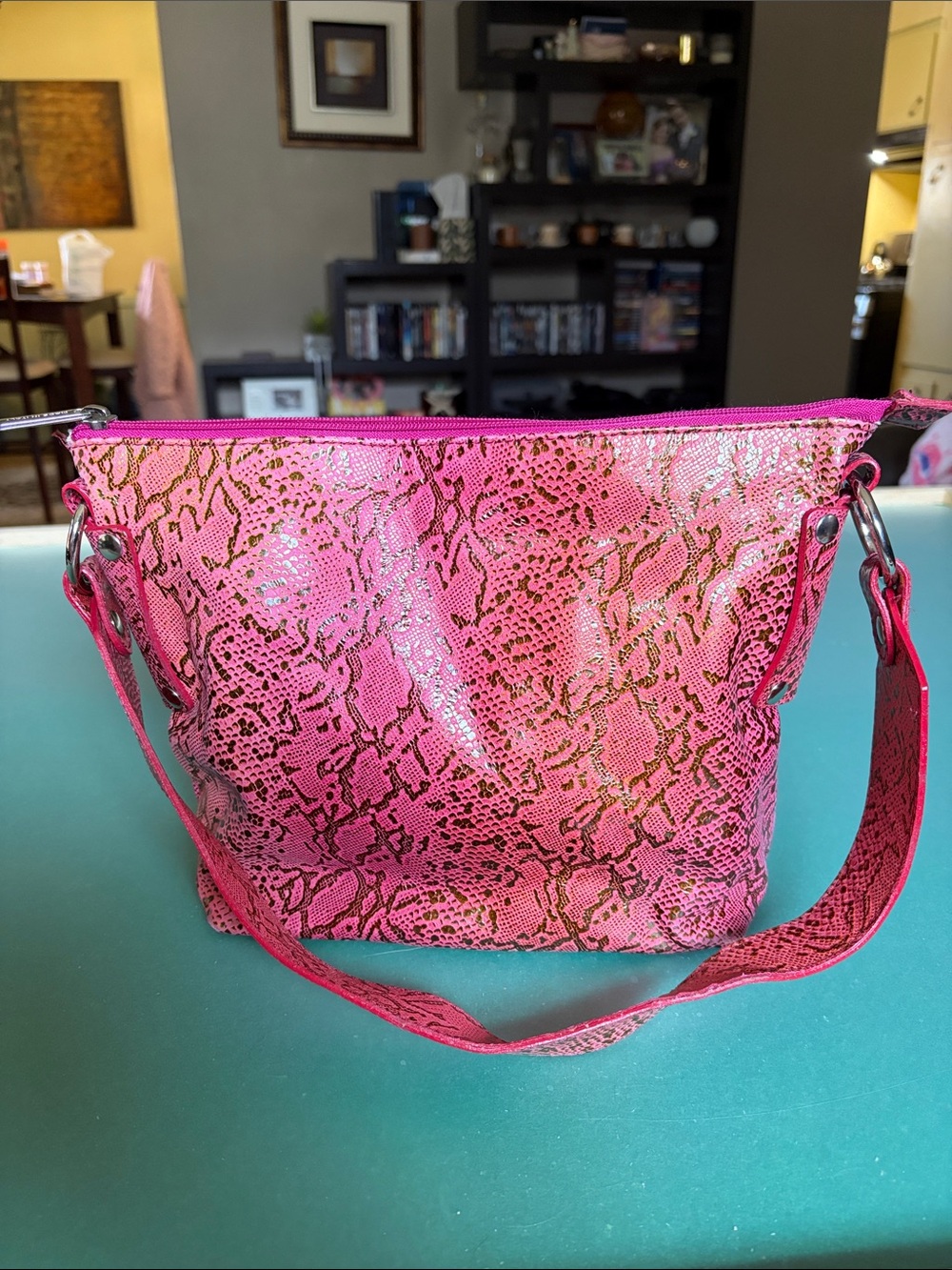 Pulicati Italian Pink w/Gold Shimmer Snake-Print Shoulder Bag